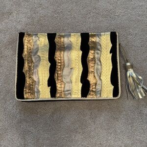 Large Gold and Silver Leather Clutch with Tassel